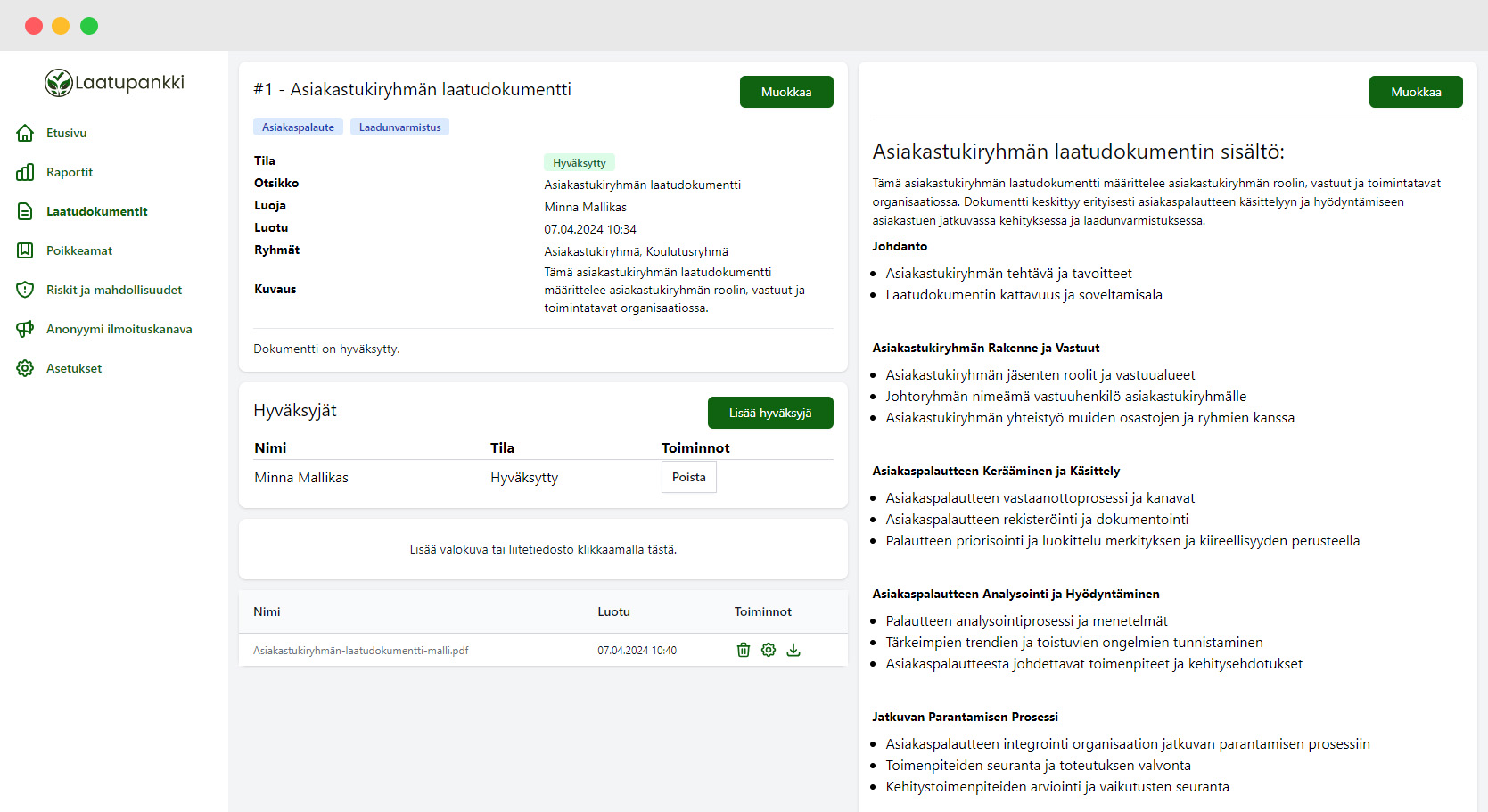 Kuvankaappaus Laatupankin sovelluksesta, jossa näkyy laatudokumentti