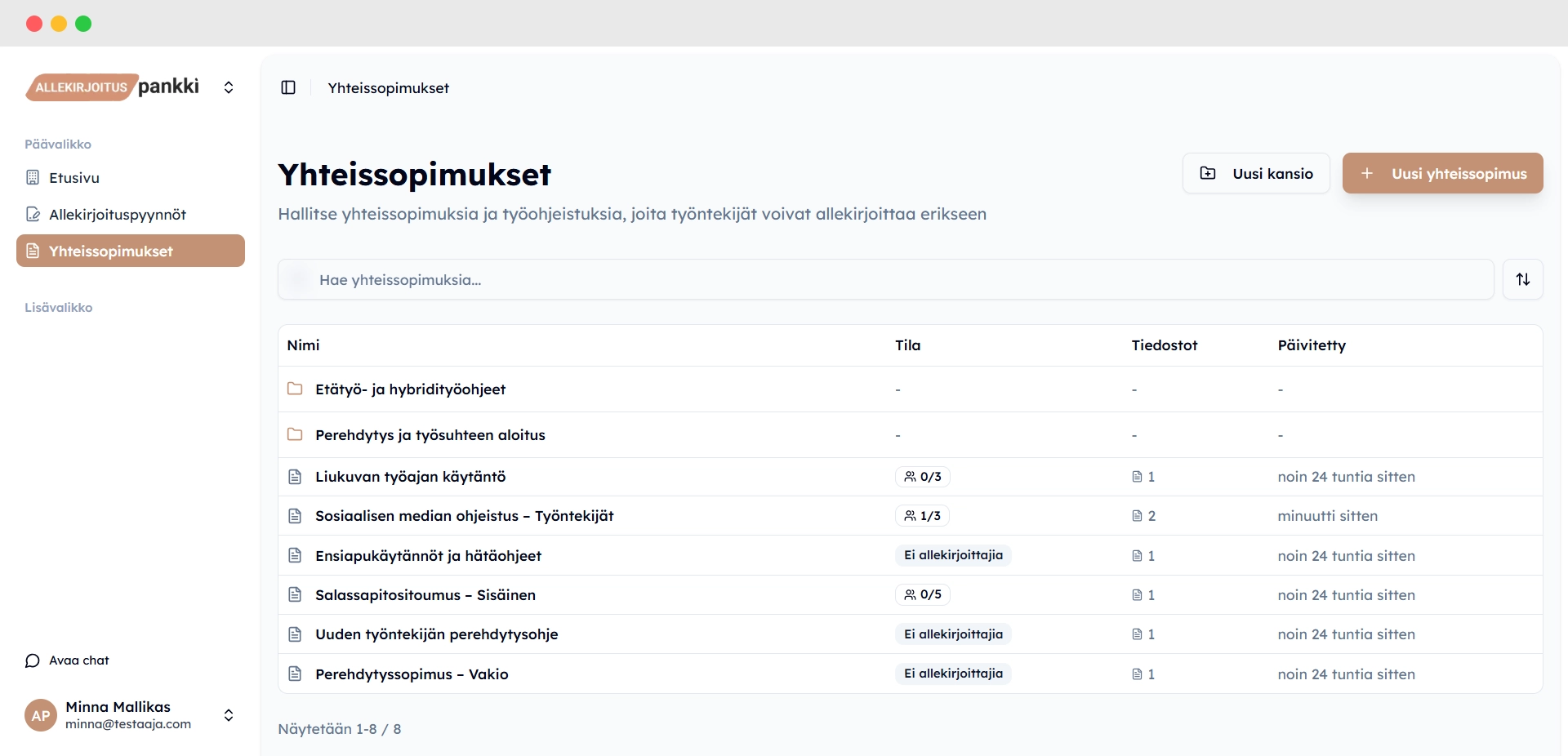 Kuvankaappaus Allekirjoituspankin ohjelmiston yhteissopimukset sivusta